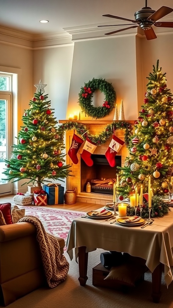 Festive Christmas Aesthetic Guide A cozy Christmas living room with a decorated tree, stockings, and festive table settings.